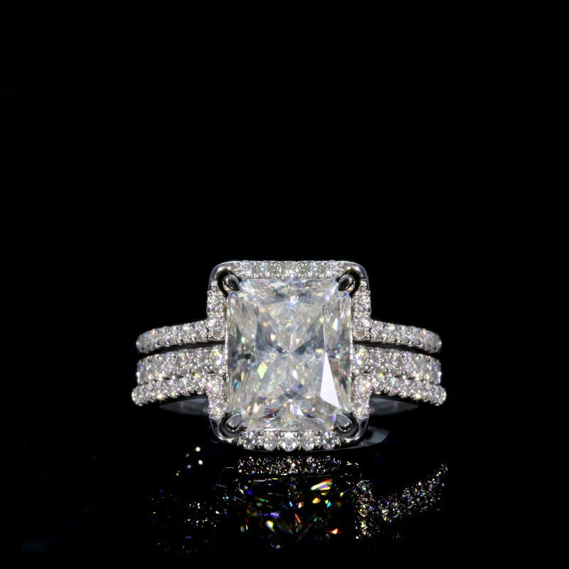 Jzora handmade 4ct radiant cut moissanite 3pcs sterling silver ring set
