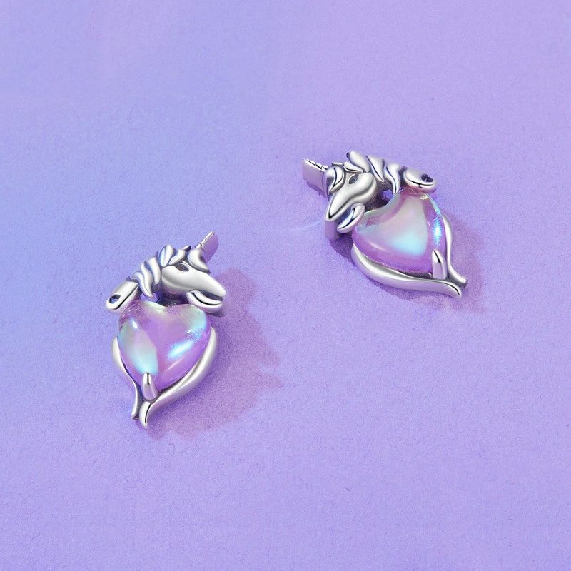 Jzora Purple Heart Unicorn Dreamy Sterling Silver Earrings