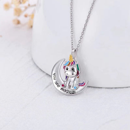 Jzora handmade cute moon colorful unicorn sterling silver necklace