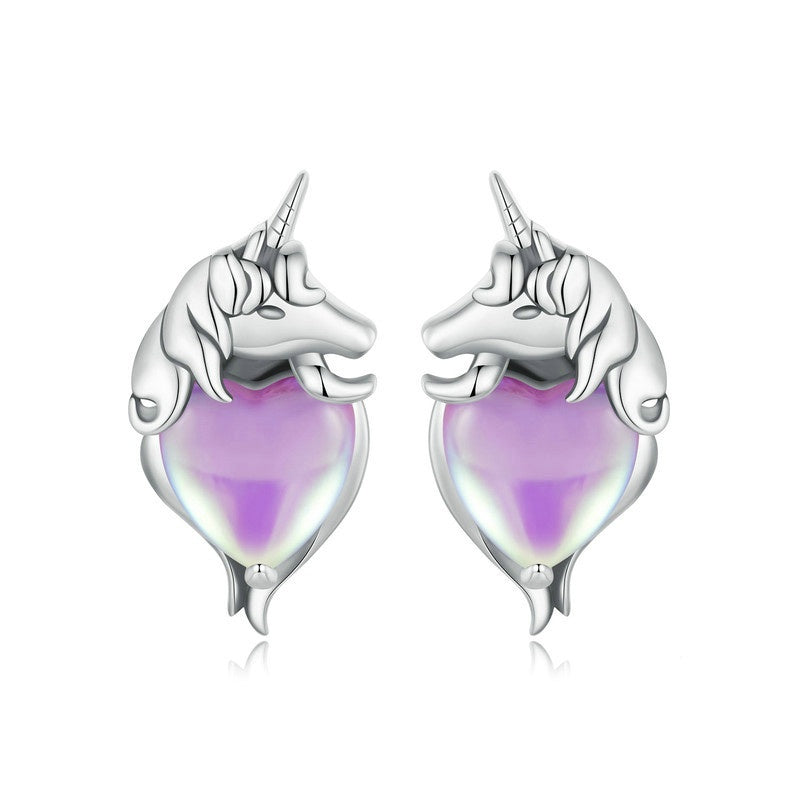 Jzora Purple Heart Unicorn Dreamy Sterling Silver Earrings