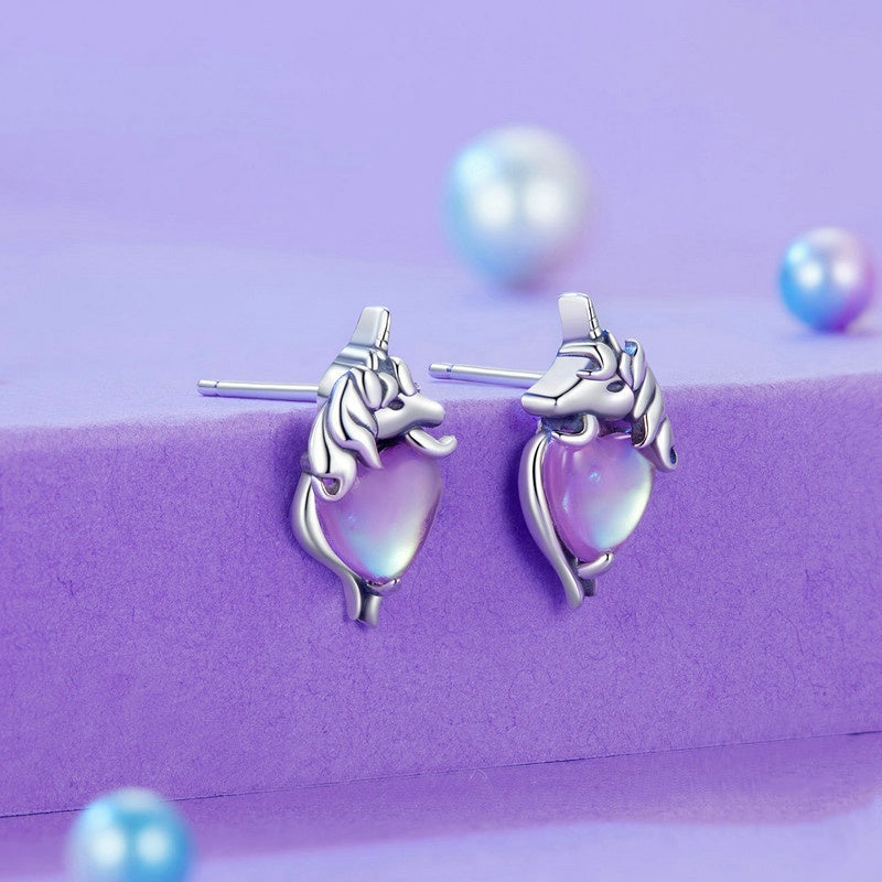 Jzora Purple Heart Unicorn Dreamy Sterling Silver Earrings