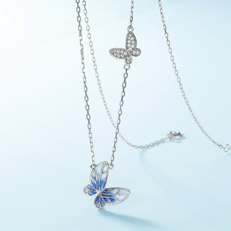 Jzora handmade sweet enamel butterfly sterling silver necklace