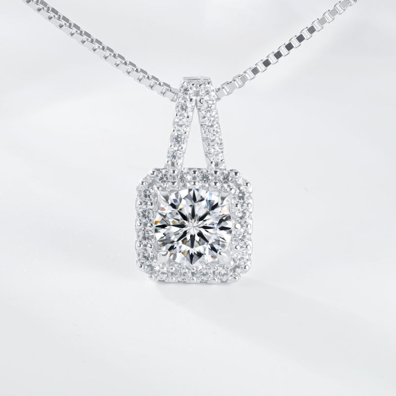 Jzora handmade 1ct round cut Moissanite diamond halo sterling silver necklace