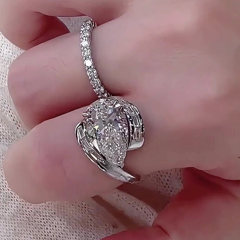 Jzora Handmade 5CT Pear Cut Baguette Wrap Full Pave Iced-Out Fashion Ring