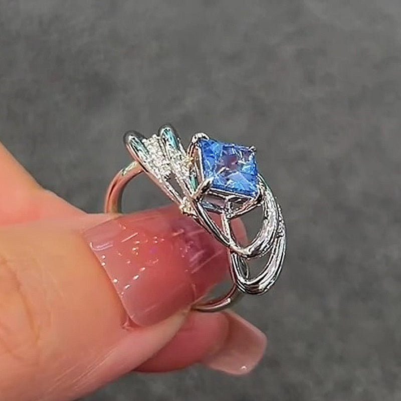 Jzora Handmade Princess Cut Blue Topaz Twisted Vine Design Sterling Silver Ring