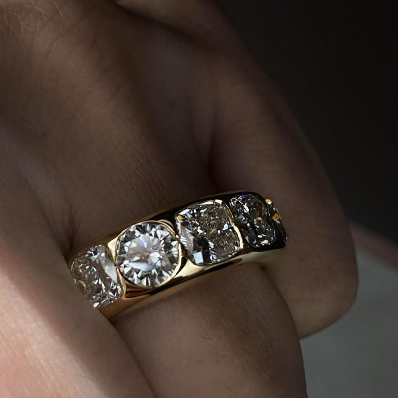 Jzora handmade brilliant round & cushion cut gold men's band ring