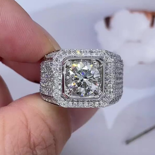 Jzora handmade luxury round brilliant cut fully paved halo sparkle wide band men's ring