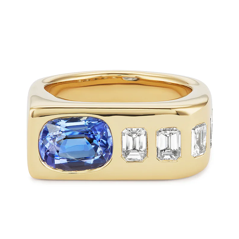Jzora Handmade Cushion Tanzanite & Emerald Cut CZ Waterfall Men's Ring