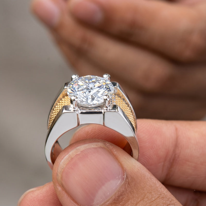 Jzora Handmade Luxury Textured Two‑Tone Moissanite Solitaire Men’s Wide Band Ring