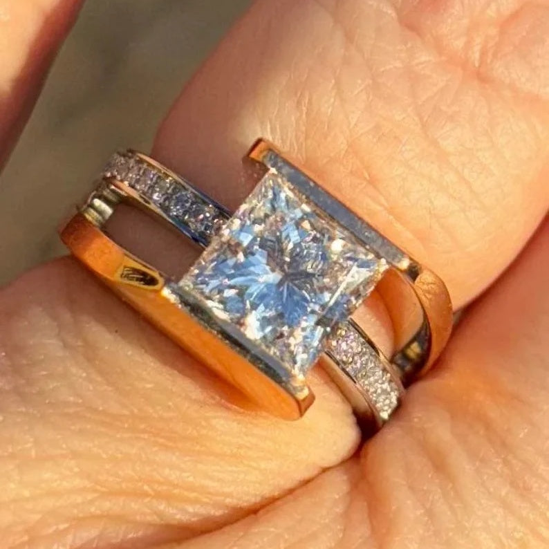 Jzora handmade 2ct princess cut bypass moissanite sterling silver ring