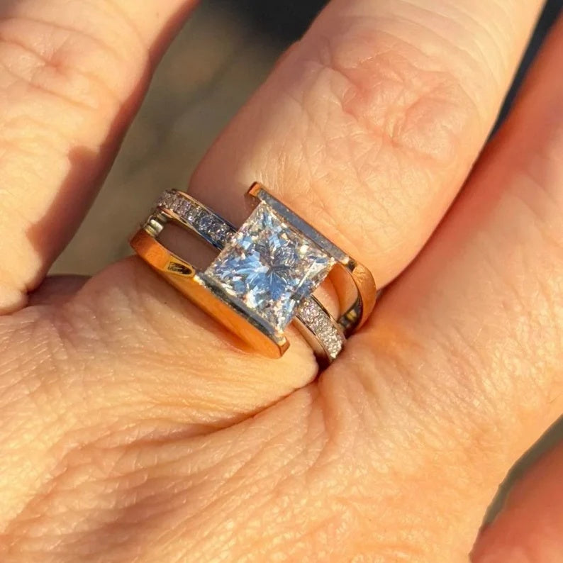 Jzora handmade 2ct princess cut bypass moissanite sterling silver ring