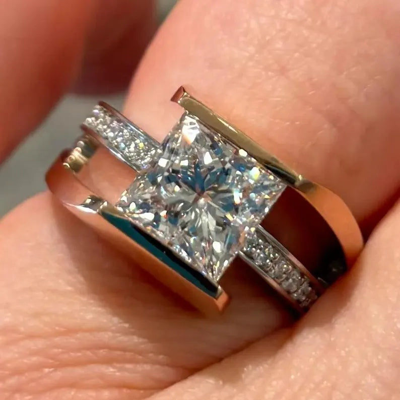 Jzora handmade 2ct princess cut bypass moissanite sterling silver ring