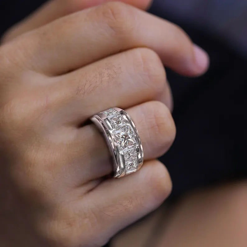 Jzora Handmade Moissanite Princess Cut Unique Men's Wedding Ring