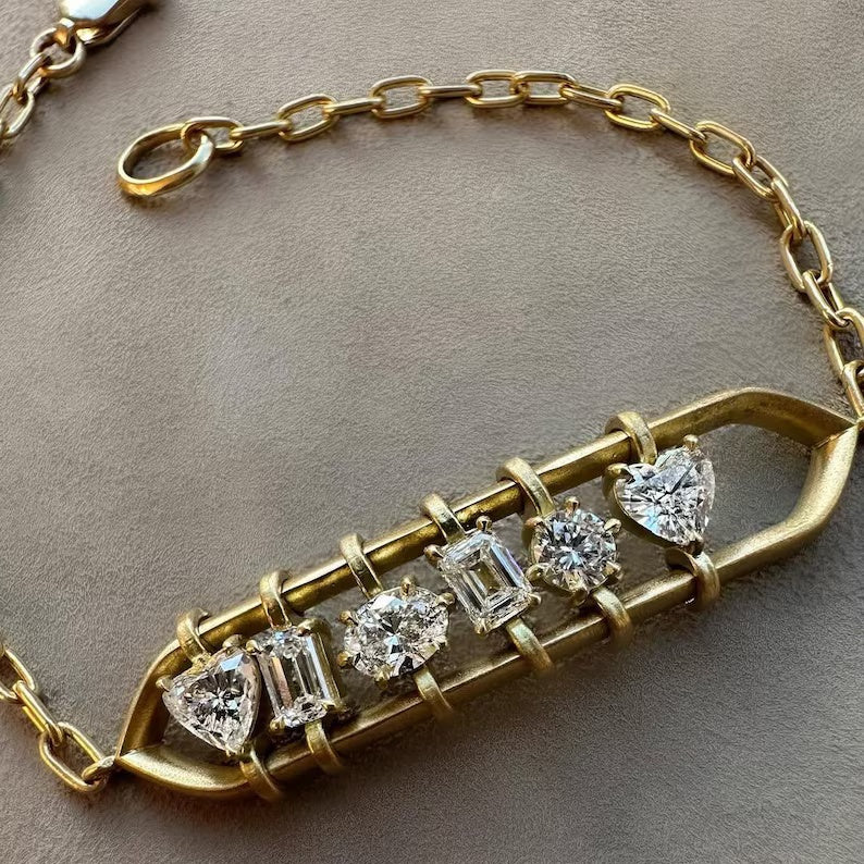 Jzora Handmade Moving Heart, Round, Emerald And Oval Cut Paper Clip Chain Bracelet