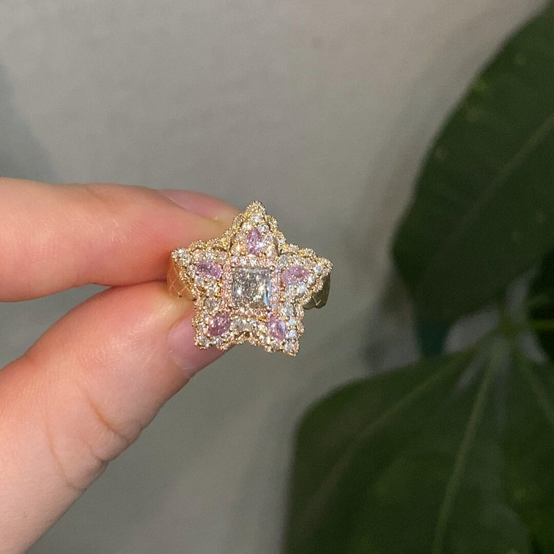 Jzora handmade luxury star design pink & white CZ sterling silver ring