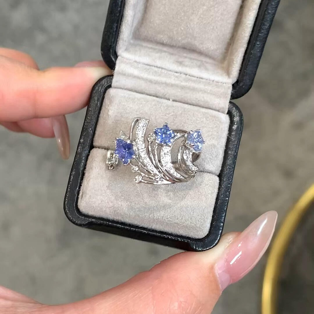 Jzora Handmade Curved Open Star-Shaped Blue Stone Ring