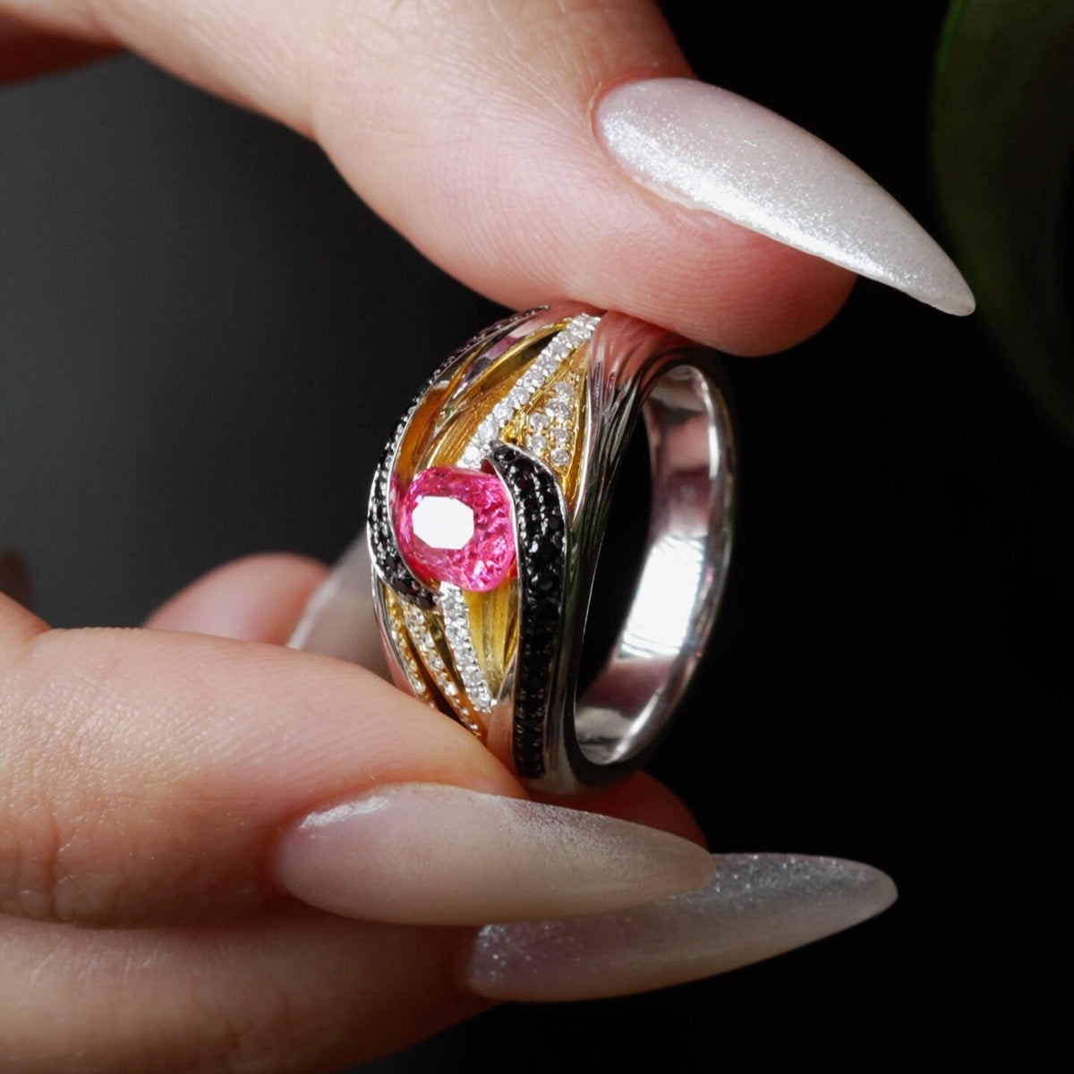 Jzora Handmade Ruby Cushion Cut with Black Unique Ring