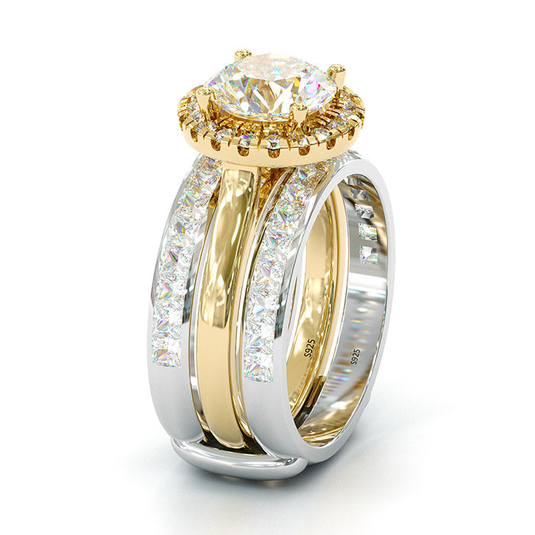 Jzora round cut two tone 2 pcs sterling silver wedding ring bridal set
