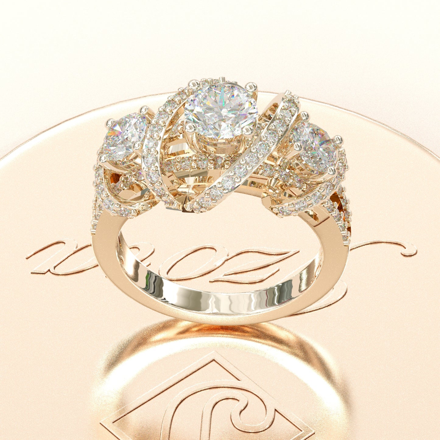 Jzora handmade round cut triple-stone crisscross pavé halo sterling silver ring