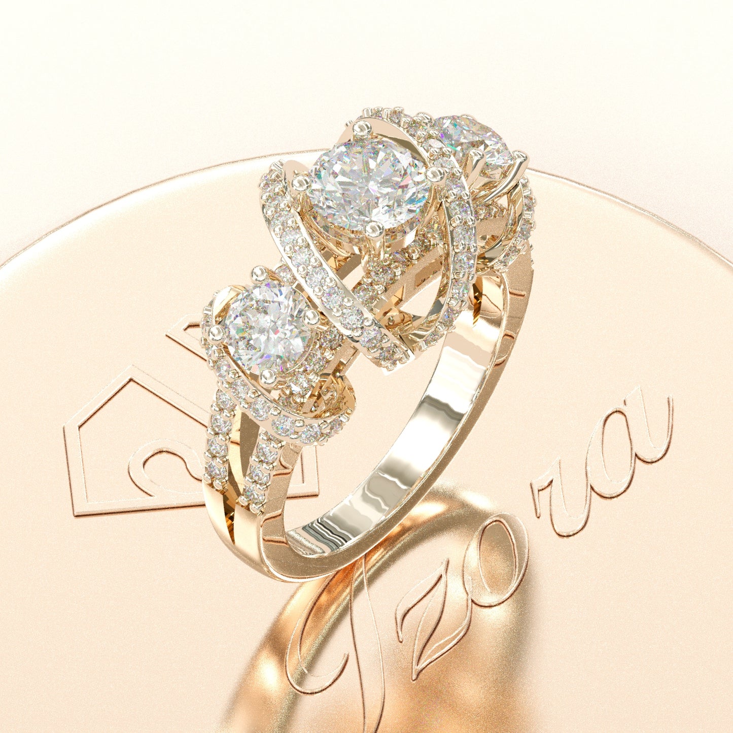 Jzora handmade round cut triple-stone crisscross pavé halo sterling silver ring