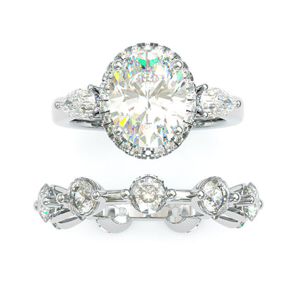 Jzora Handmade Oval Cut 2 Pcs Diamond Halo Sterling Silver Bridal Wedding Ring Set