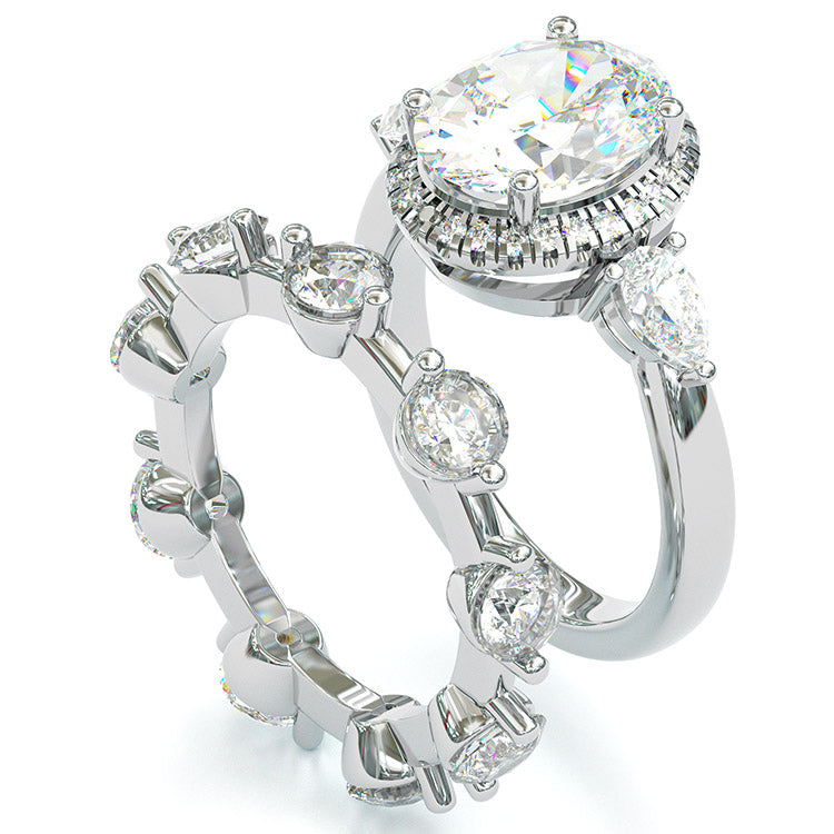 Jzora Handmade Oval Cut 2 Pcs Diamond Halo Sterling Silver Bridal Wedding Ring Set