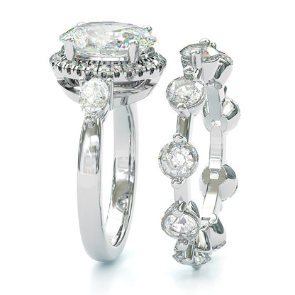 Jzora Handmade Oval Cut 2 Pcs Diamond Halo Sterling Silver Bridal Wedding Ring Set