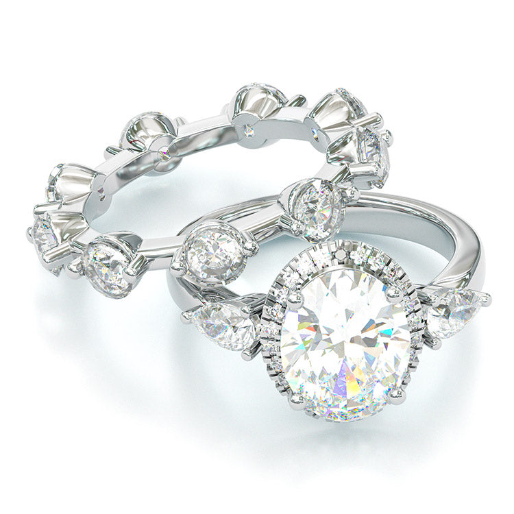 Jzora Handmade Oval Cut 2 Pcs Diamond Halo Sterling Silver Bridal Wedding Ring Set