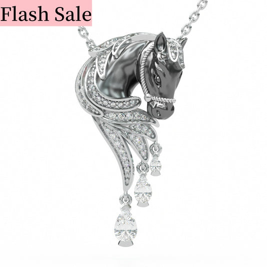 Jzora Handmade Classic Horse Sterling Silver Diamond Necklace