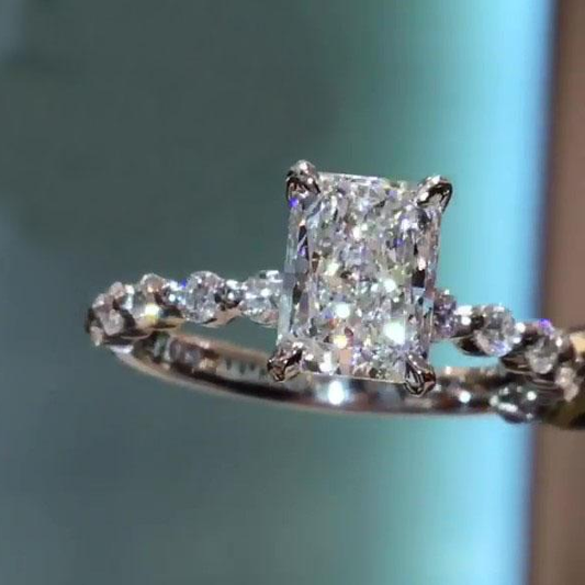 Jzora Handmade Radiant Cut Round Diamond Sterling Silver Engagement Ring