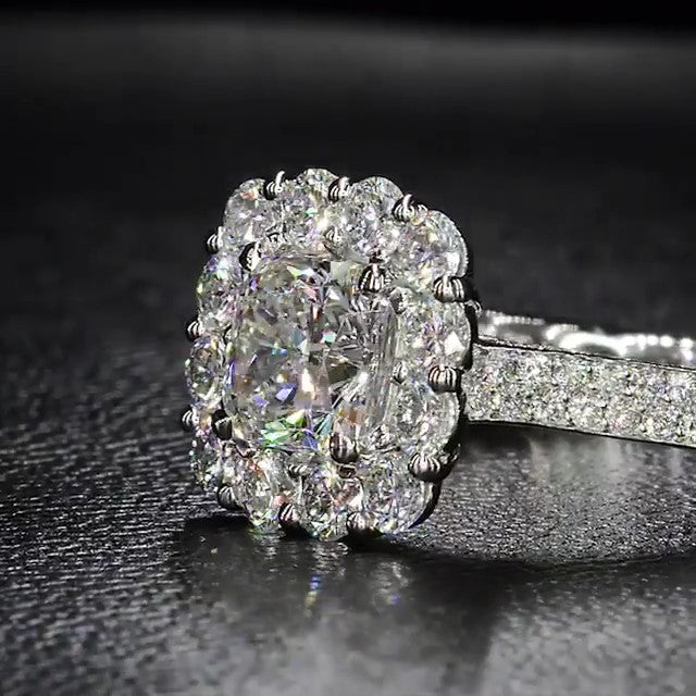 Jzora Classic Cushion Cut Halo Diamond Sterling Silver Engagement Ring