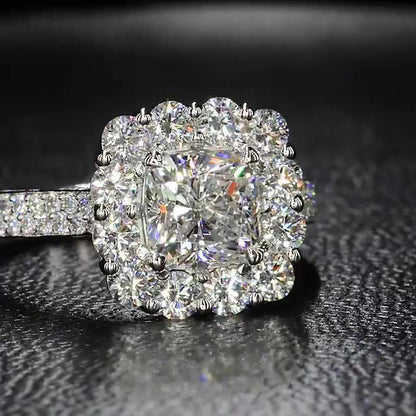 Jzora Classic Cushion Cut Halo Diamond Sterling Silver Engagement Ring
