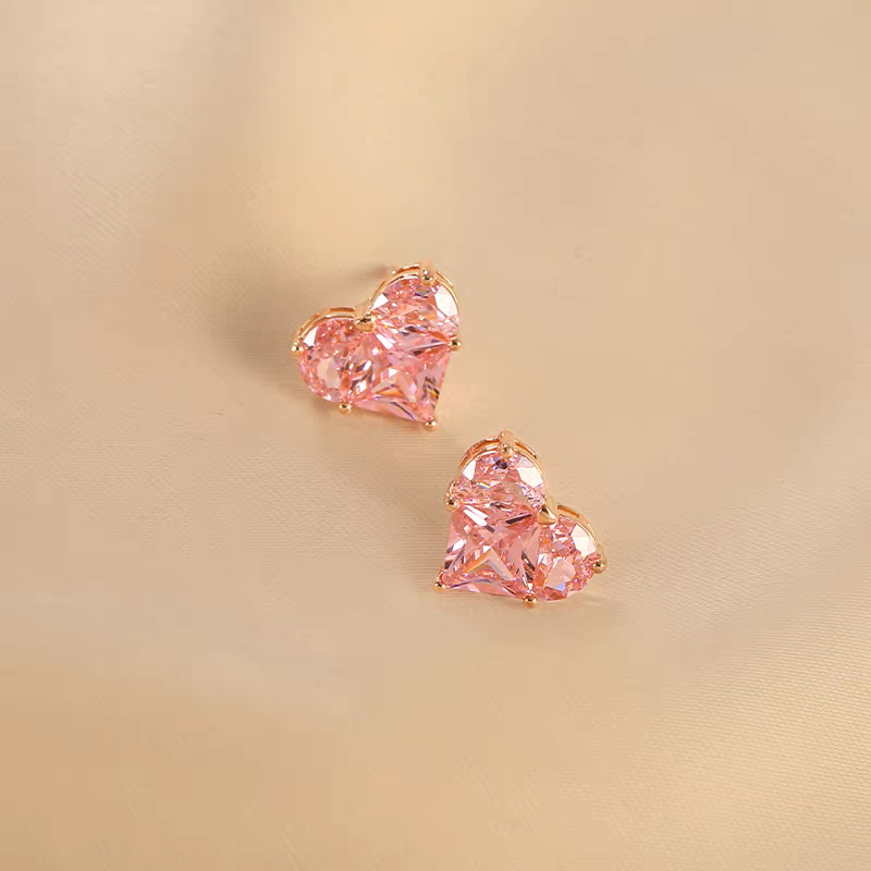 Jzora handmade romantic pink heart shaped sterling silver stud earrings