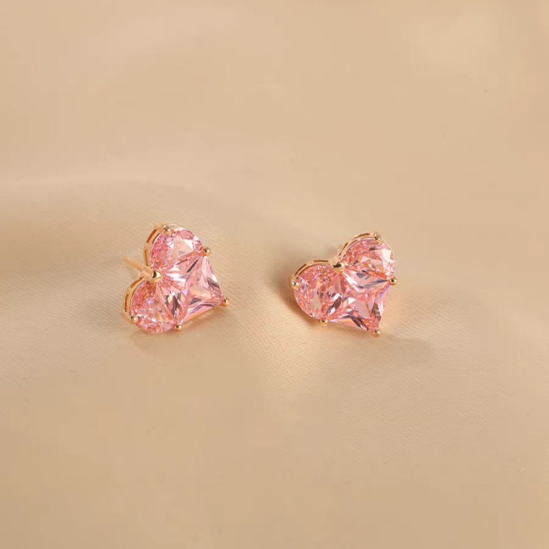 Jzora handmade romantic pink heart shaped sterling silver stud earrings