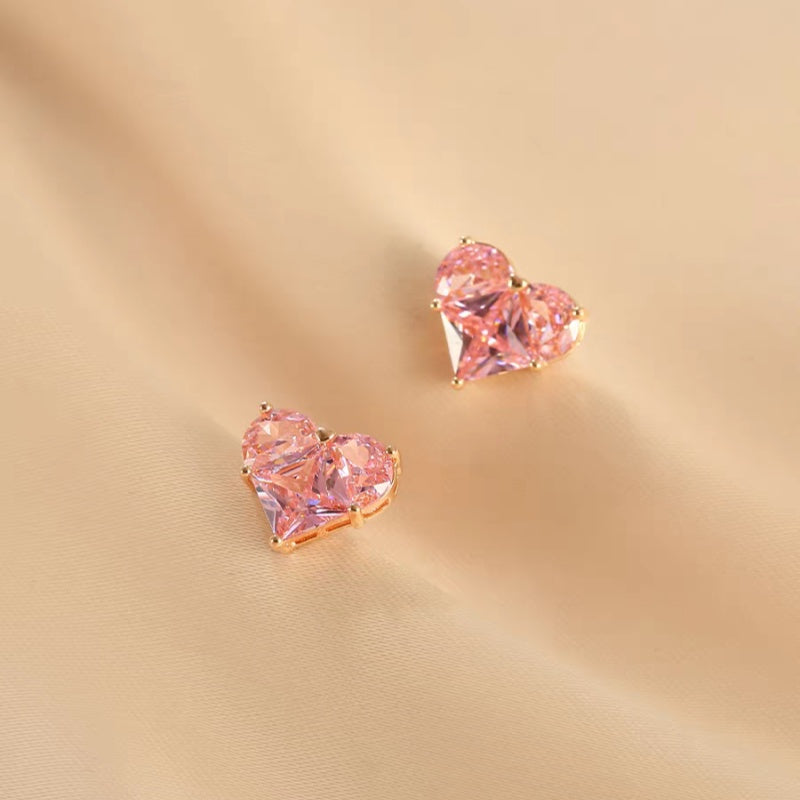 Jzora handmade romantic pink heart shaped sterling silver stud earrings