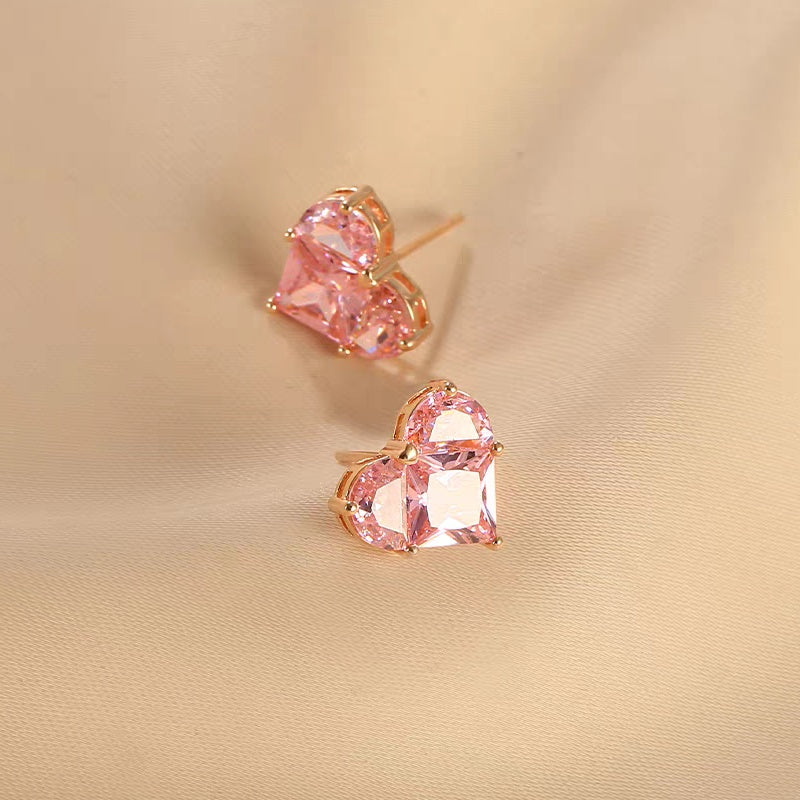 Jzora handmade romantic pink heart shaped sterling silver stud earrings