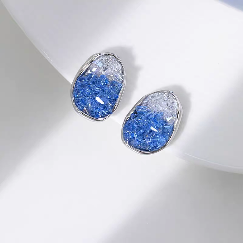Jzora handmade trendy ocean salt ombre blue crystal sterling silver stud earrings