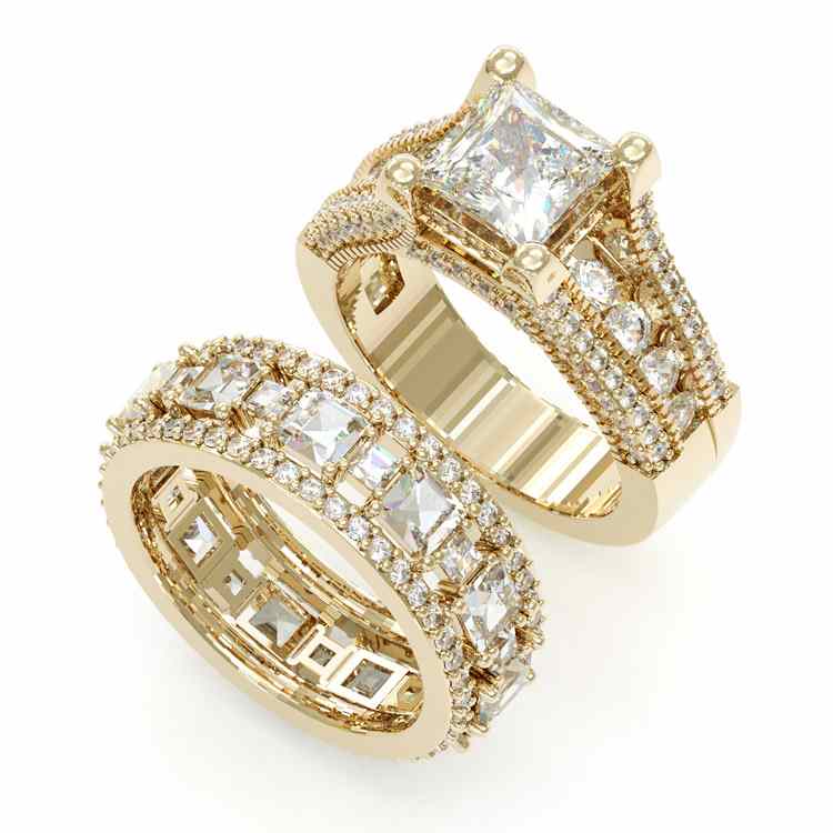 Jzora handmade gold 3ct princess cut sterling silver 2pcs wedding bridal ring set