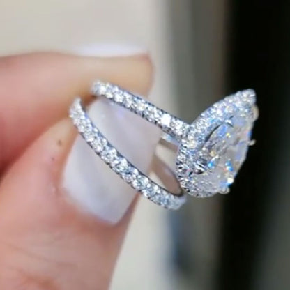 Jzora handmade pear cut halo created diamond sterling silver bridal set wedding ring