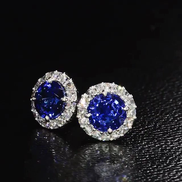 Jzora Vintage Sapphire Diamond Halo Sterling Silver Earrings