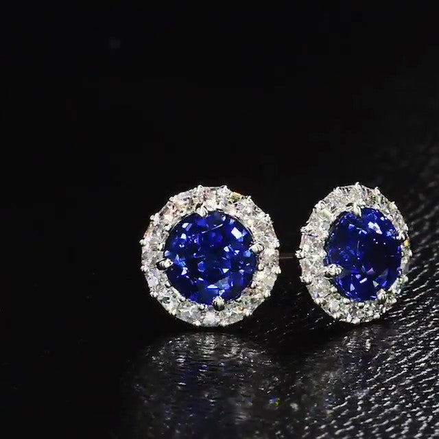 Jzora Vintage Sapphire Diamond Halo Sterling Silver Earrings