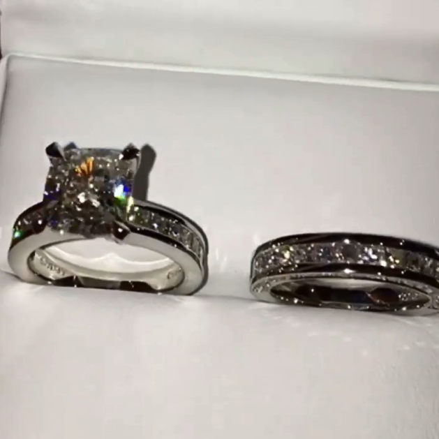 Jzora handmade cushion cut vintage diamond sterling silver wedding set
