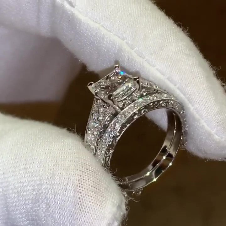 Jzora handmade princess cut 2 pcs diamond sterling silver bridal wedding ring set