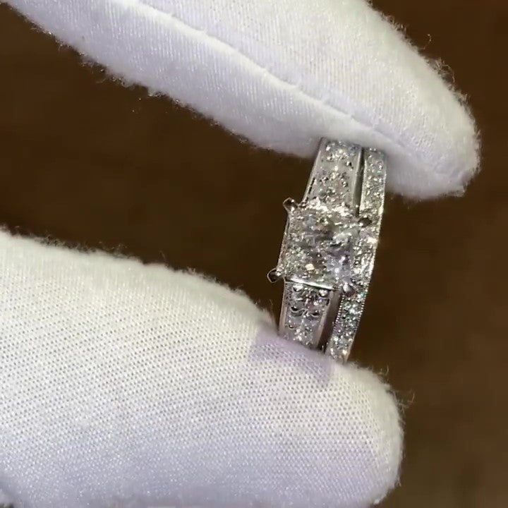 Jzora handmade princess cut 2 pcs diamond sterling silver bridal wedding ring set