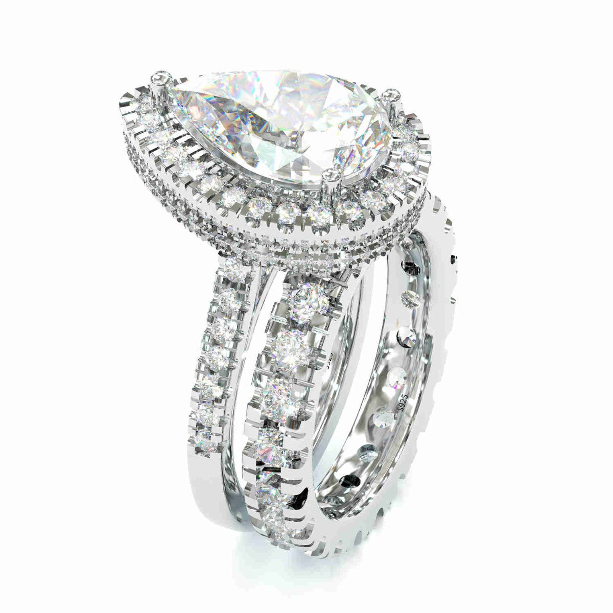 Jzora handmade created diamond pear cut halo sterling silver wedding bridal set