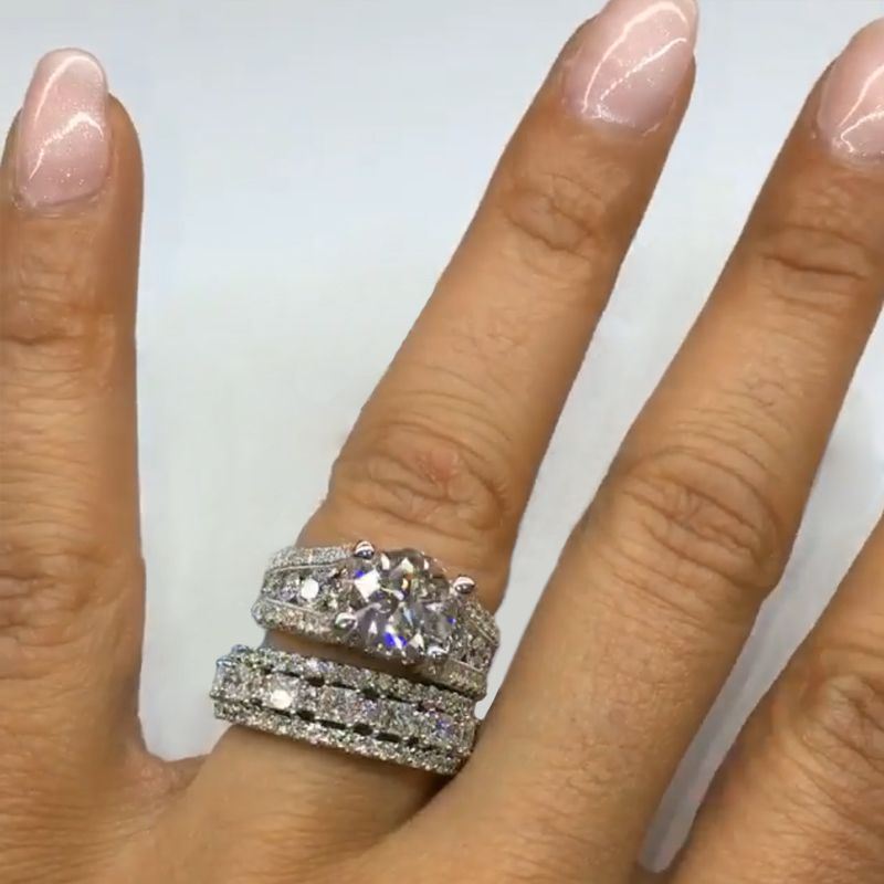 Jzora handmade 3.0ct round cut with round pave sterling silver wedding ring bridal set