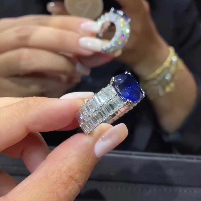 Jzora handmade sapphire cushion cut diamond sterling silver engagement ring