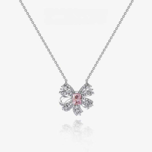 Jzora handmade pink radiant bow sterling silver diamond necklace