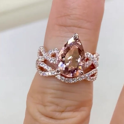 Jzora handmade created diamond twist pear cut sterling silver ring set
