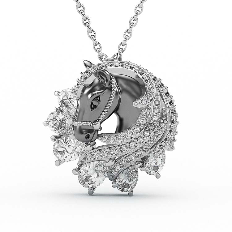 Jzora Handmade Classic Horse Sterling Silver Diamond Necklace